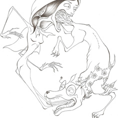 Ink drawing: Red Riding Hood And The Big Bad Wolf